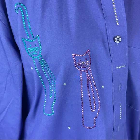 vintage grandma purple Button down shirt with rhinestone cats size medium - Picture 3 of 10